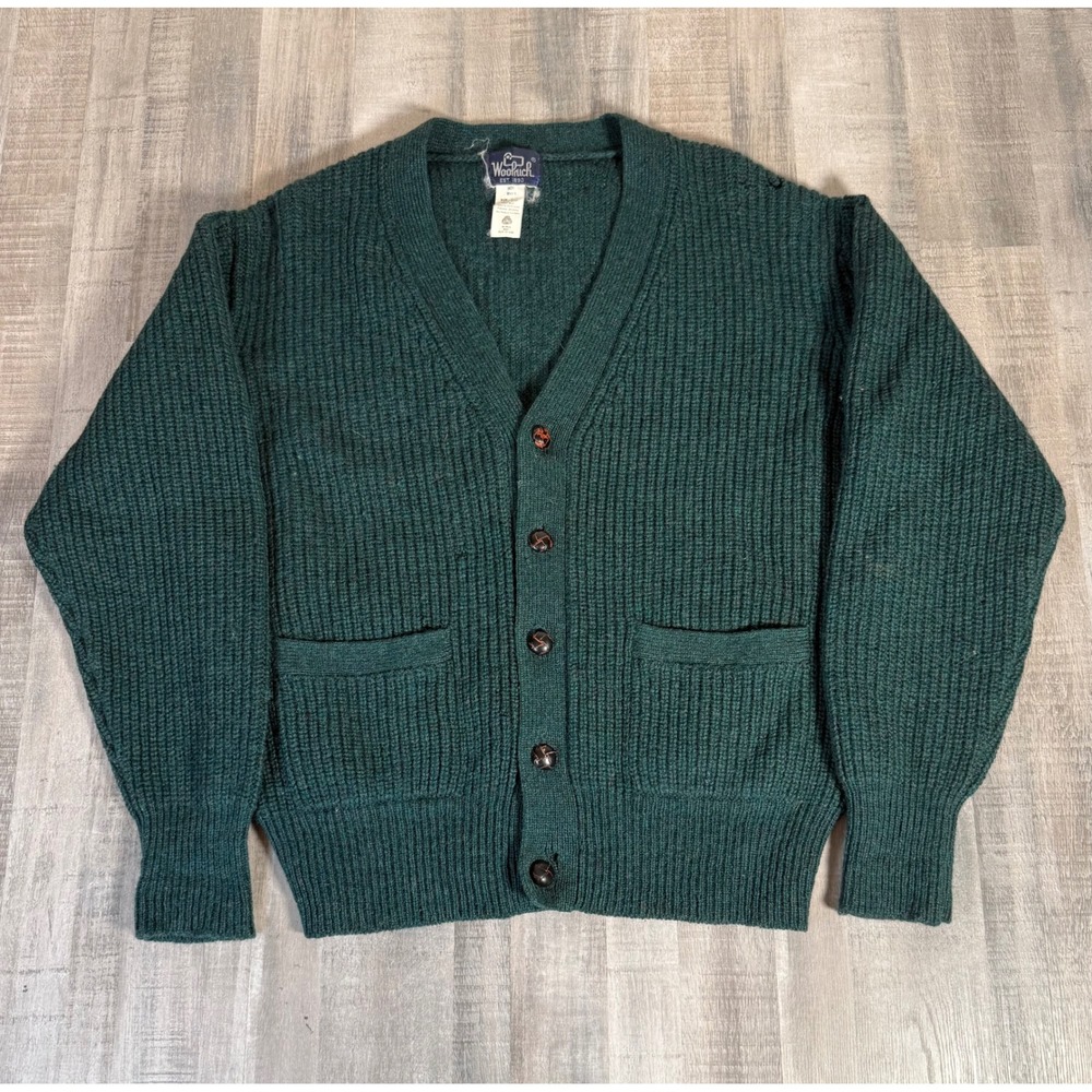Woolrich Vintage Mens Green Wool Ribbed Knit Button Cardigan Sweater Pockets L